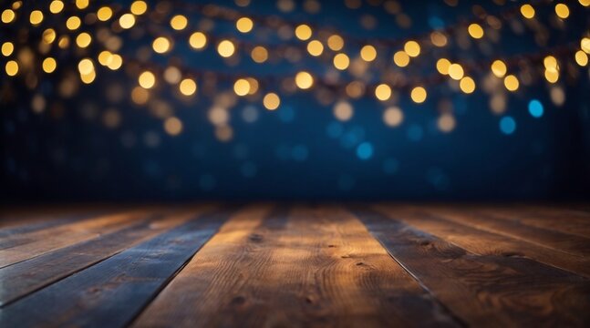 Brown wooden floor set against a softly blurred abstract backdrop of night lights in bokeh style. Copy  space available for showcasing products or presenting objects.
