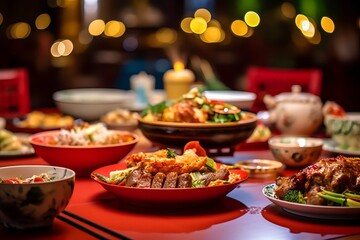 various Chinese foods on the dining table in a Chinese house during Chinese New Year celebrations