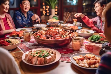 Fototapeta premium various Chinese foods on the dining table in a Chinese house during Chinese New Year celebrations