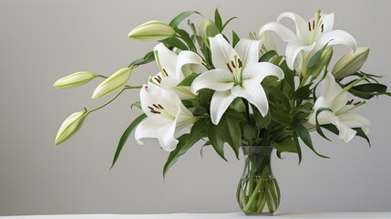 A bouquet of white lilies with lush greenery, elegantly displayed against a clean white background.