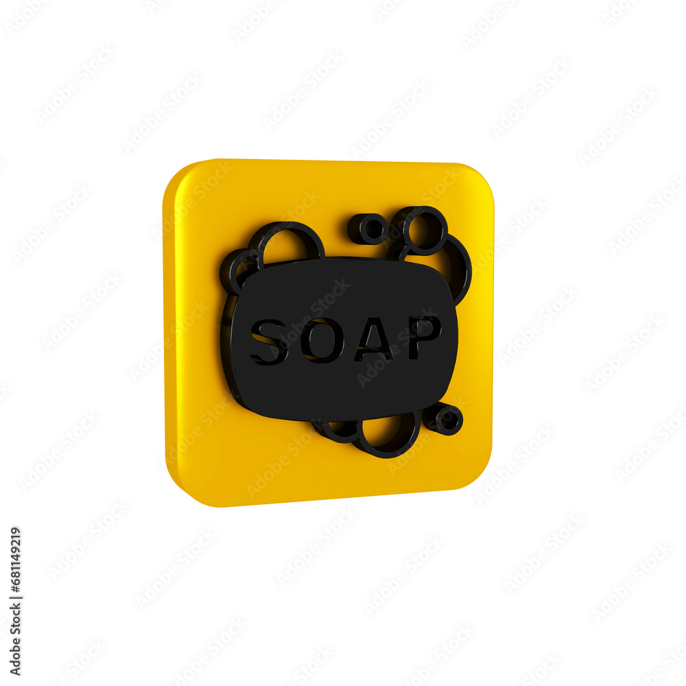 Poster black bar of soap icon isolated on transparent background. soap bar with bubbles. yellow square butt
