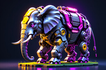 Image of an mecha robotic elephant robot animal on a dark background. Wild animal. illustration