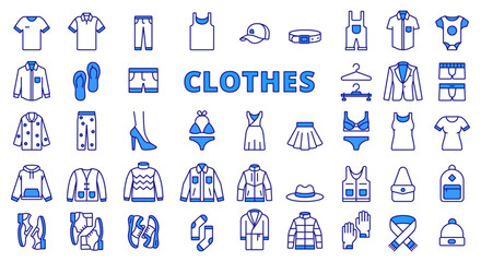 Clothes icon set line design blue. T-shirt, hoodie, sweater, jacket, shoes, cardigan, hat, scarf, mittens, jacket, dress, coat vector illustrations. Clothes editable stroke icons