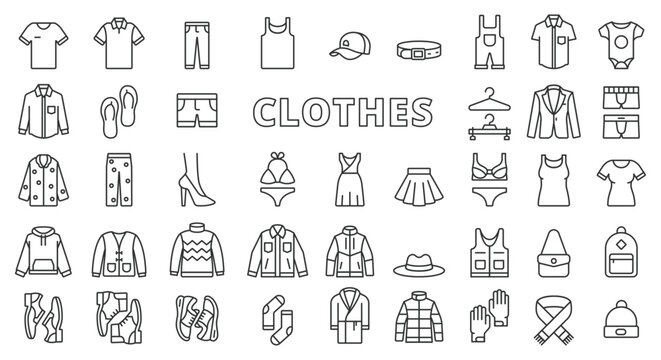 Clothes icon set line design. T-shirt, hoodie, sweater, jacket, shoes, cardigan, hat, scarf, mittens, jacket, dress, coat vector illustrations. Clothes editable stroke icons
