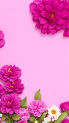 Flowers on Magenta color backdrop for a banner. Greeting card template for weddings, mothers' days, and women's days. Copy space in a springtime composition. Flat lay design. Magenta flowers border