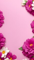 Flowers on Magenta color backdrop for a banner. Greeting card template for weddings, mothers' days, and women's days. Copy space in a springtime composition. Flat lay design. Magenta flowers border