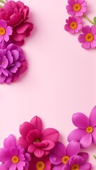 Fototapeta na wymiar Flowers on Magenta color backdrop for a banner. Greeting card template for weddings, mothers' days, and women's days. Copy space in a springtime composition. Flat lay design. Magenta flowers border