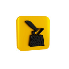 Black Wooden axe in stump icon isolated on transparent background. Lumberjack axe. Axe stuck in wood. Chopping wood. Yellow square button.