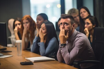 A manager's expression of concern during a team meeting, demonstrating empathy and commitment - obrazy, fototapety, plakaty