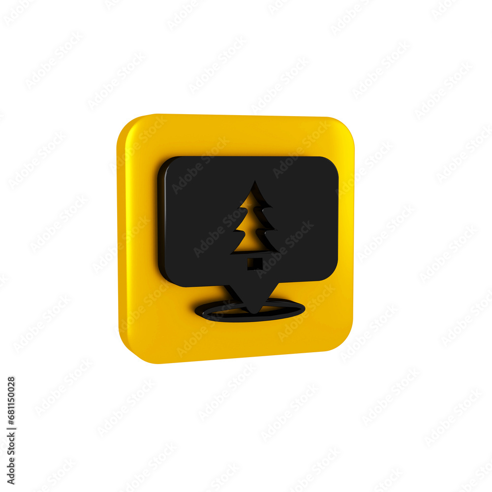 Poster black location of the forest on a map icon isolated on transparent background. yellow square button.