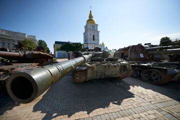 Kyiv, Ukraine 06-16-2023.Broken Russian tanks near St. Michael's Cathedral. Exhibition of broken...