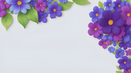 Flowers on Indigo color backdrop for a banner. Greeting card template for weddings, mothers' days, and women's days. Copy space in a springtime composition. Flat lay design. Indigo flowers border