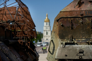 Kyiv, Ukraine 06-16-2023. Exhibition of broken Russian military equipment during the Ukrainian war....