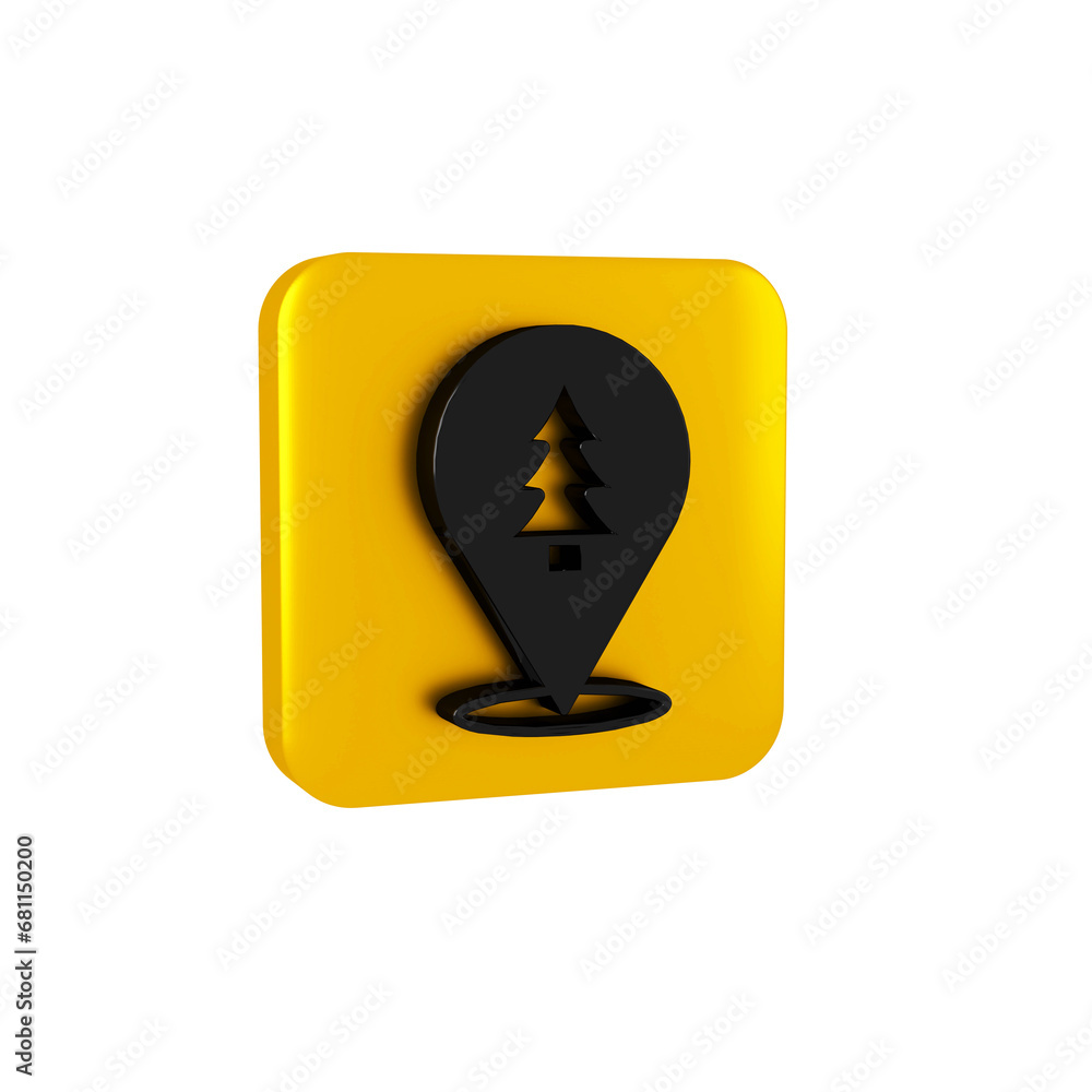 Poster black location of the forest on a map icon isolated on transparent background. yellow square button.
