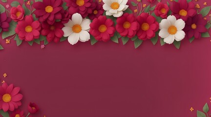 Flowers on Maroon color backdrop for a banner. Greeting card template for weddings, mothers' days, and women's days. Copy space in a springtime composition. Flat lay design. Maroon flowers border
