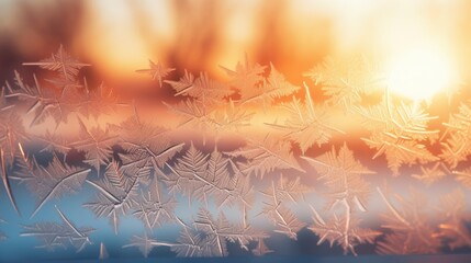 Beautiful frosty winter pattern on glass with blurred sundown on background behind