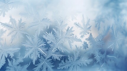 Beautiful frosty winter pattern on glass with blurred background behind