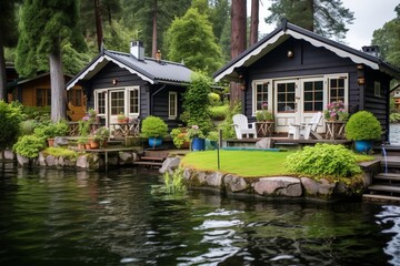 Fototapeta na wymiar Idyllic Finnish Nature Retreat. Tranquil Holiday Cottage Surrounded by Majestic Scenic Beauty