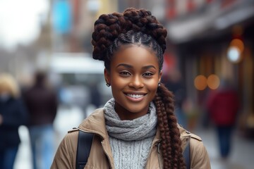 closeup portrait of young African pretty woman wearing braids hair style smiling walking in city street at day time, Generative Ai - obrazy, fototapety, plakaty
