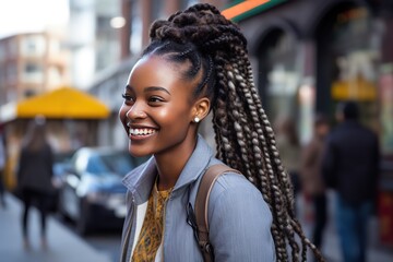 closeup portrait of young African pretty woman wearing braids hair style smiling walking in city street at day time, Generative Ai