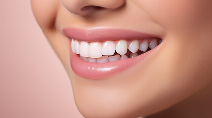 Obraz premium Gleaming white teeth in a graceful smile, showcasing dental health and the results of good oral hygiene practices.