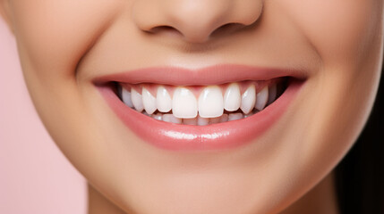 Obraz premium Perfect close-up smile with pearly white teeth against a pink backdrop, ideal for dental beauty concepts. 