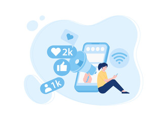 women using mobile phones for social media promotion concept flat illustration