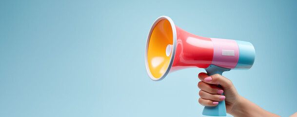 Hand-held megaphone with pink and red hues, projecting against a blurred background for announcements or alerts.