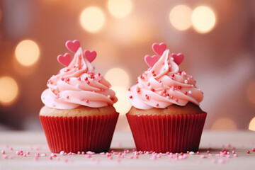 Festive cupcakes with pink cream and red hearts decorations for the St Valentines Day