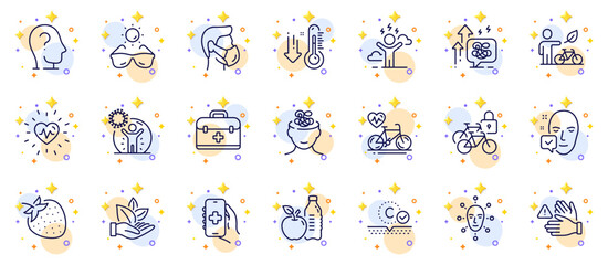 Outline set of Difficult stress, Face biometrics and Strawberry line icons for web app. Include Collagen skin, Cardio bike, Stress grows pictogram icons. Healthy food, Heartbeat. Vector