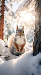 Snowfall in coniferous winter frosty forest close up, bright day sun rays breaking through trees with little pretty squirrel between