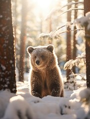 Obraz premium Snowfall in coniferous winter frosty forest close up, morning sun rays breaking through trees with small pretty baby bear between them