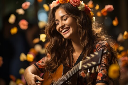 A talented musician performing with joy, their smile resonating with the music's beauty