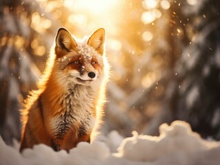 Naklejka premium Snowfall in coniferous winter frosty forest close up, bright day sun rays breaking through trees with small pretty baby fox between them