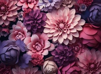 Beautiful floral abstraction. A variety of vibrant flowers in different shades of pink, purple and blue creating a seamless background. - obrazy, fototapety, plakaty