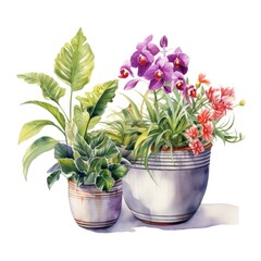 A painting of three potted plants on a table