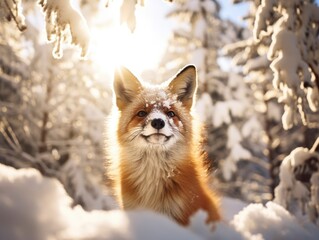 Snowfall in coniferous winter frosty forest close up, bright day sun rays breaking through trees with small pretty baby fox between them