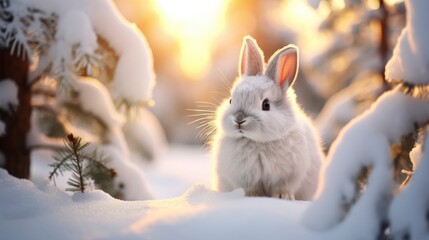 White cute bunny in snowy winter beautiful coniferous forest at sunny day