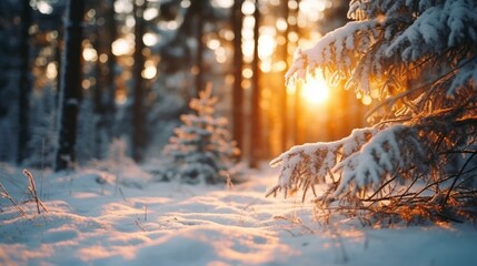 Snowy winter beautiful coniferous forest close up at sundown - obrazy, fototapety, plakaty