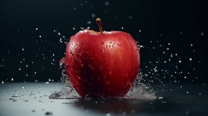 Ripe red apple falling into a pool of clear blue water on the ground, creating a splash