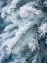 Snowy winter forest close up, spruce branches under snow