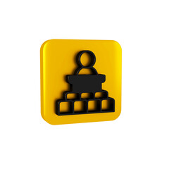 Black Speaker icon isolated on transparent background. Orator speaking from tribune. Public speech. Person on podium. Yellow square button.