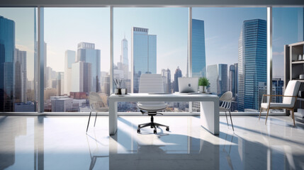 Fototapeta na wymiar a contemporary office with a white desk and two chairs and a large window overlooking the city