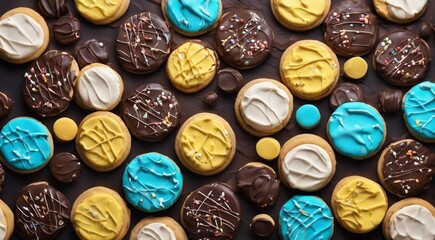 delicious sweets on abstract background, sweets, chocoltae, donuts, sweet colored biscuits - obrazy, fototapety, plakaty