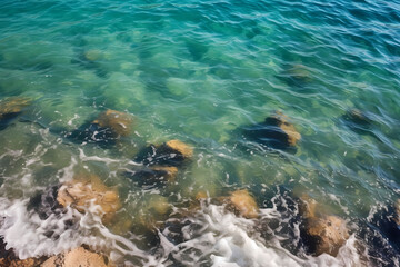 Fototapeta premium Waves on the ocean near the shoreline with rocks