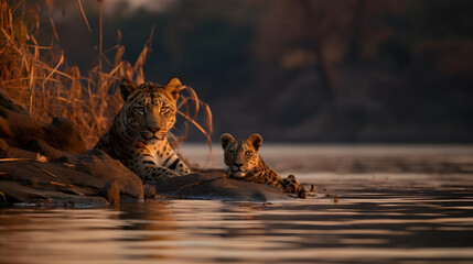 A liguar, an intriguing hybrid of a male lion and a female jaguar, with a serene riverbank as the...