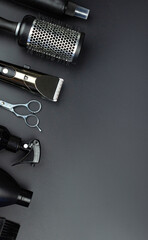 Hairdresser salon equipment concept, premium hairdressing shears. Accessories for haircut. Men beauty and health concept.