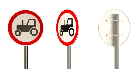 International traffic sign plate isolated on white, No tractors, Road signs, 3D render