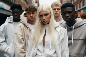 Obraz premium Capture the essence of urban street style with a diverse group of models showcasing the latest fashion trends
