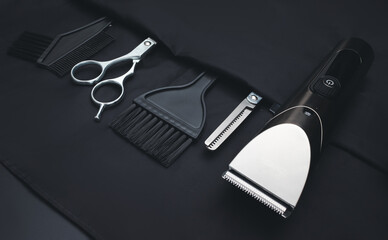Hairdresser salon equipment concept, premium hairdressing shears. Accessories for haircut. Men beauty and health concept.